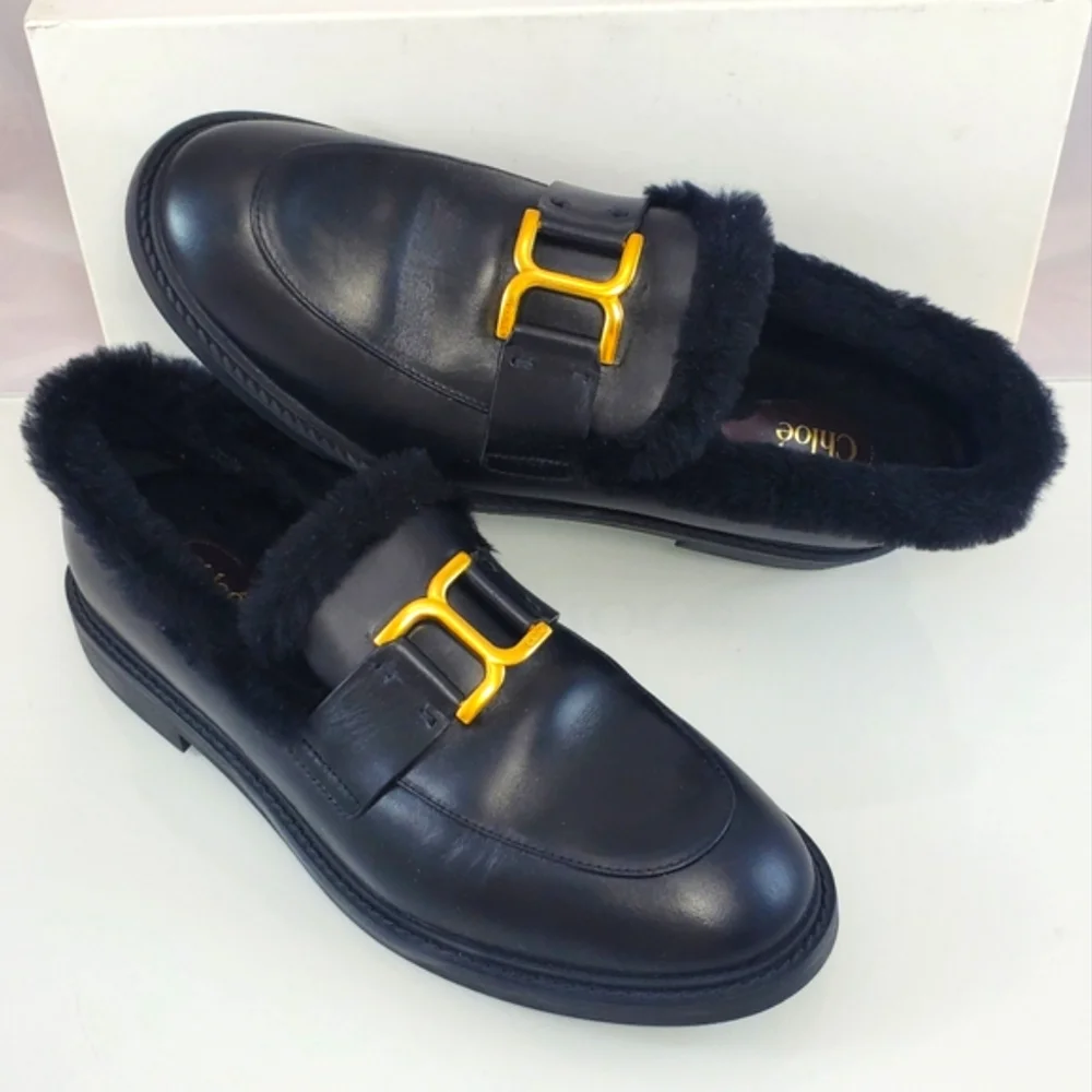 NWT$1,050 Chloé Marcie Black Shearling-Trimmed Leather Marcie Loafers Sz 40 (10)